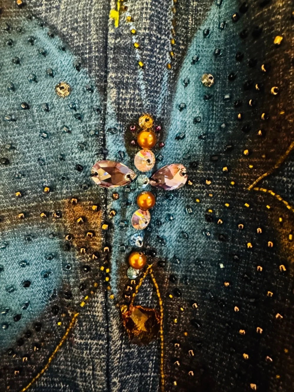 Embellished-Chic-One of a Kind Dark Blue Wide Leg Jeans with Artistic 3D Detail - Picture 6 of 10